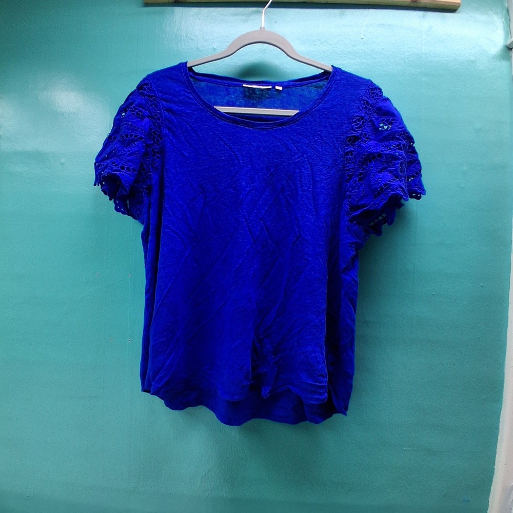 Chico's Linen Eyelet Lace Sleeve Top 3 XL Blue Boho Coastal Lagenlook
